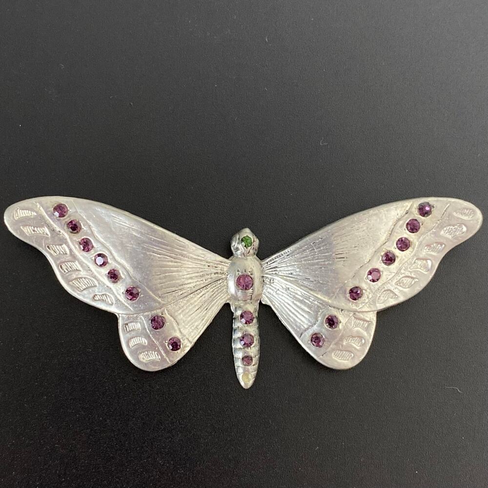 Vintage Silver Tone Rhinestone Butterfly Moth Brooch Pin Purple & Green Stones